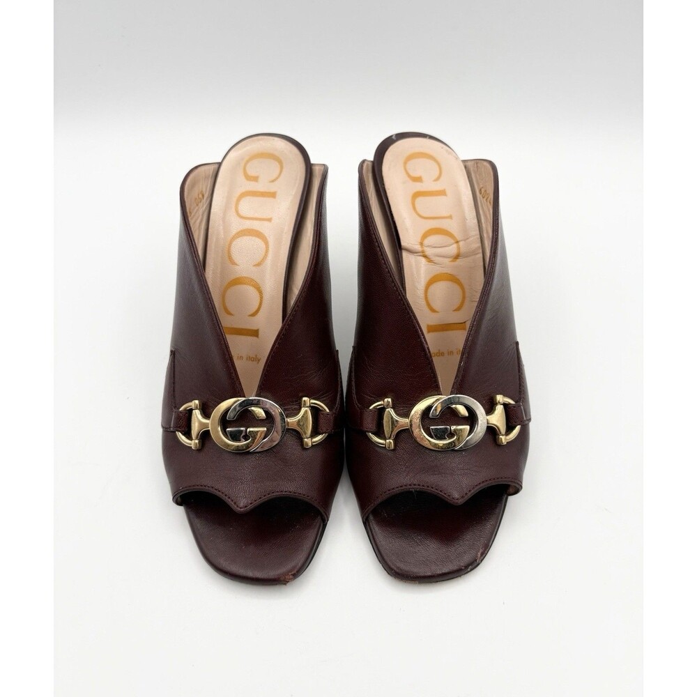 Gucci Maroon Leather Mules w/ GG Metal Charm Accent Stiletto Heels Sz EU 35
